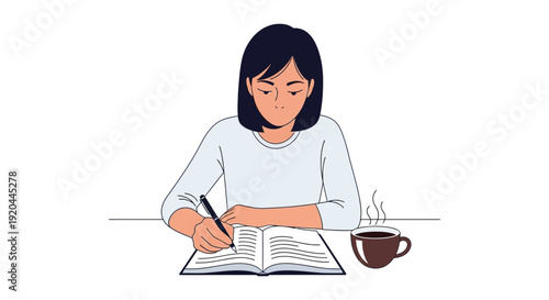 A young woman intently writes in an open book with a steaming mug nearby depicted as a silhouette high quality professional