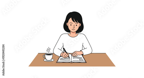 A young woman sits at a table writing in an open notebook with a cup of coffee nearby silhouette high quality