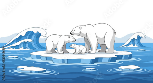 Illustration of a polar bear and two cubs on a melting iceberg in the ocean on Polar Bear Day, highlighting the impact of climate change on their habitat.