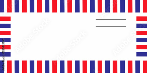 Airmail envelope frame with blue and red stripes on white background. International vintage letter border. Retro air mail postcard. Blank envelope. Vector illustration isolated on white background