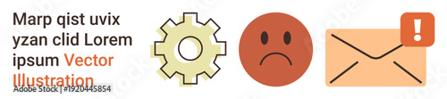 Productivity, troubleshooting, feedback, notifications, email communication, alert systems. Gear, sad face and envelope with an alert. Productivity and troubleshooting in communication and feedback