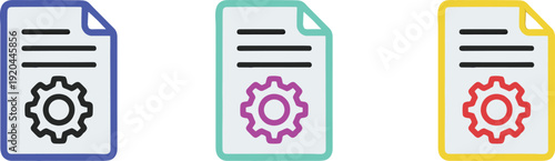 3D document settings icon set with gear symbol, configuration file concept, software management illustration, technical documentation design collection
