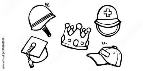 Headwear Collection Doodle Illustration Line Art. Hand Drawn Minimalist Set of Helmet Hat and Crown for Safety and Success Symbols.