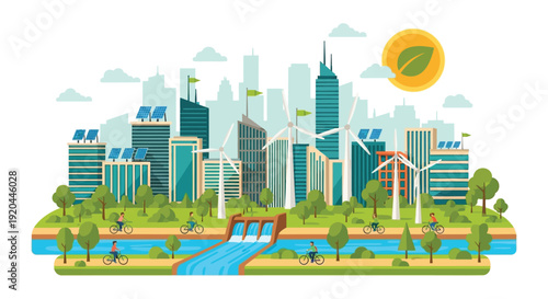 A vibrant cityscape integrates green energy sources like wind water and solar showcasing a sustainable future silhouette high quality professional detailed