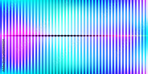 Ribbed glass effect background. Reeded transparent plastic wall. Blue iridescent gradient pattern. Abstract corrugated glass texture, neon light. Pearlescent holographic backdrop. Deep purple glow bg