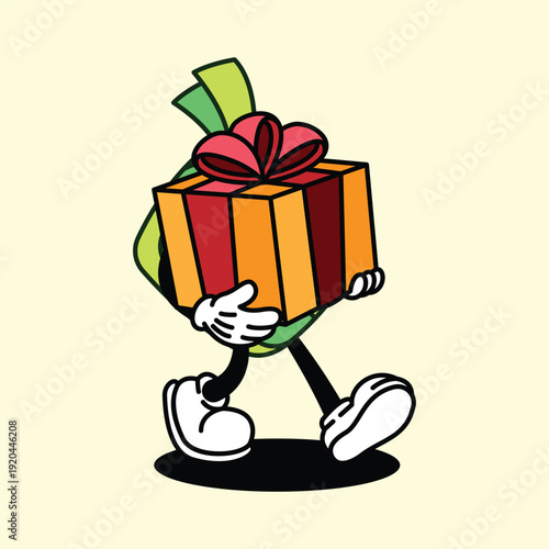 Cartoon Money Gift Box Character Walking. Ketupat Ramadan Retro Mascot Cartoon Character.