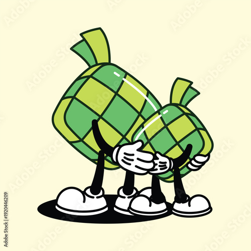 Cute Cartoon Ketupat Characters Hugging. Ketupat Ramadan Retro Mascot Cartoon Character.