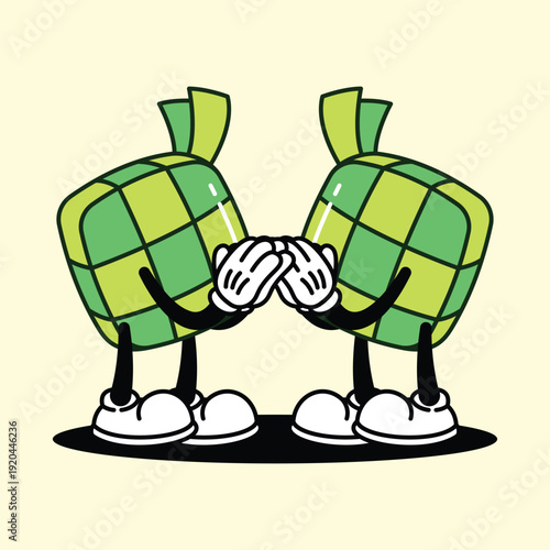 Cute Ketupat Cartoon Characters Holding Hands. Ketupat Ramadan Retro Mascot Cartoon Character.