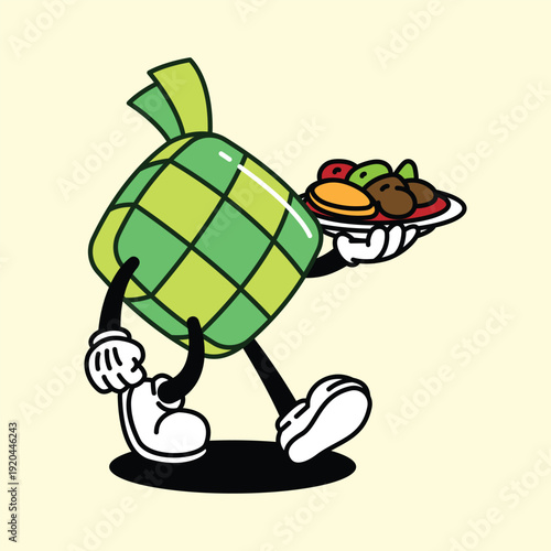 Cartoon Ketupat Character Serving Food. Ketupat Ramadan Retro Mascot Cartoon Character.