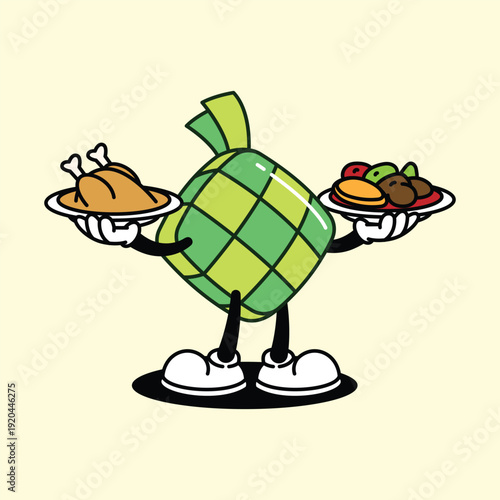 Ketupat character holding plates of food. Ketupat Ramadan Retro Mascot Cartoon Character.