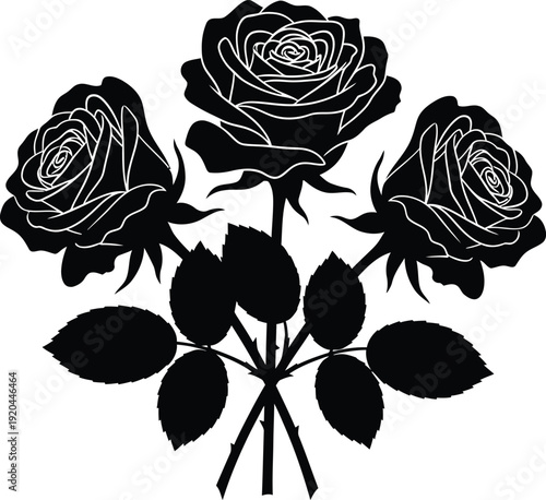Rose bouquet silhouette vector with three blooming flowers and leaves, black romantic floral illustration isolated on white background