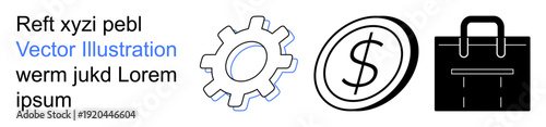 Business strategy, finance management, productivity tools, commerce, work process, success concepts. Gear, dollar coin and briefcase icons. Business strategy and finance management concept