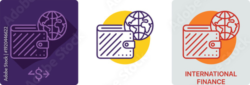 International finance wallet illustration set, global money transfer concept, online payment solution, currency exchange icon, financial technology design
