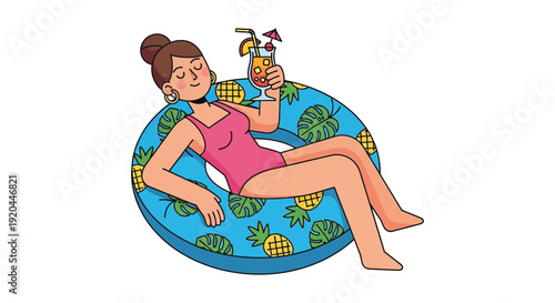 A woman relaxes on a patterned inflatable tube with a tropical drink showcasing a charming silhouette high quality professional detailed modern