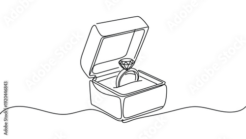 Minimal line art illustration of open jewelry gift box with diamond engagement ring isolated on white background wedding proposal concept