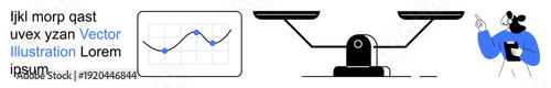 Business analytics, decision-making, data visualization, weighing options, strategy development, planning solutions. Graph trends, scales evaluating balance a person pointing. Business analytics