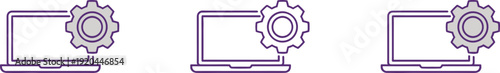 Laptop settings icon with gear symbol representing system configuration, software development, technical support and IT management concept