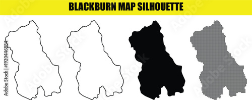 Blackburn map silhouette vector illustration available in four artistic styles including dot work and solid black fill