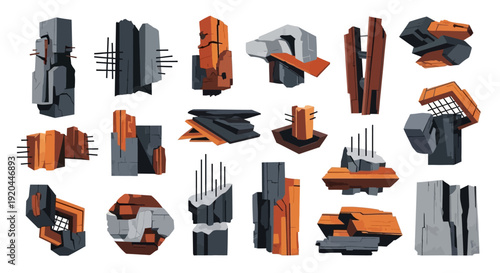 Deconstructed Building Elements, Urban Debris, Construction Scraps, Industrial Rubble