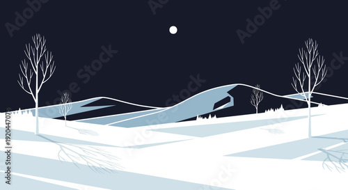 Serene winter landscape at night with snow-covered hills, trees, and a full moon shining brightly image (1951).ai