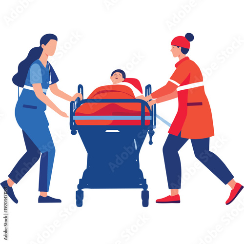 Medical team transporting patient on hospital stretcher bed, emergency healthcare workers providing urgent care and support, professional clinic service flat vector illustration.