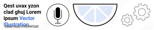 Multimedia, technology, data analysis, productivity, audio recording, process management. Black microphone, blue pie chart segment and gray gear symbols. Technology and data analysis concept