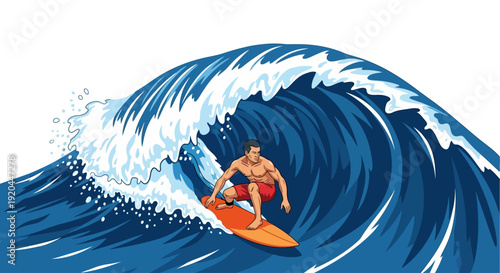Surfer rides wave with skill and balance on orange board, dynamic action captured in vector illustration (1965).ai