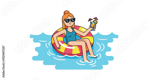 A woman relaxes on a pink inner tube in blue water holding a tropical drink illustration silhouette high quality professional