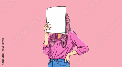 Woman holding blank paper in front of face, image from 1976 style illustration