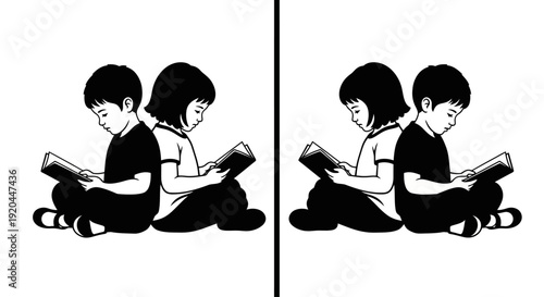 Children reading together back to back illustration from 1978 perspective