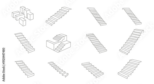 Minimal Isometric Staircase and Platform Set in Light Grey Outline Style Featuring Different Step Angles, Perspective Views and Geometric Structures for Architecture Planning, Game Level Design and Co
