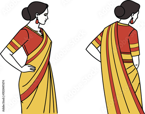 Traditional Indian Saree Clothing Design. Elegant Silk Saree Fashion Style. Bridal Saree with Ornamental Border. Bengali Saree Cultural Attire Concept. Ethnic Festive Saree Draping Style Collection