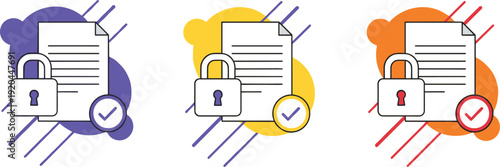 Secure document verification icon set with padlock and checkmark, data protection and privacy approval concept illustration design