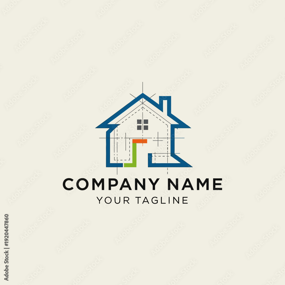 Fototapeta premium Architectural Blueprint House Logo Design with Company Name and Tagline.