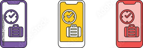 Travel booking mobile app icon with clock and suitcase, trip planning, schedule management and vacation organizer concept illustration