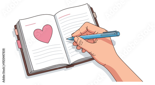 An open diary with a heart illustration being written in with a blue pen a romantic scene silhouette high quality professional