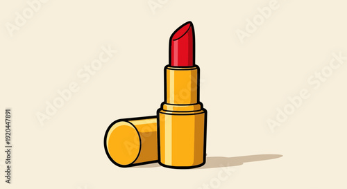 Vibrant red lipstick illustration from 1998 style in golden tube on neutral background