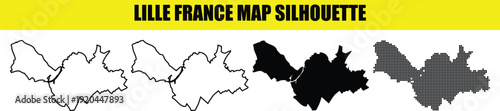 Lille france map silhouette simple black and white vector line contour and dot map set