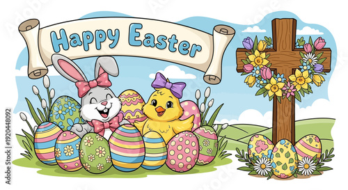 Happy Easter scene with a cute bunny, chick, decorated eggs, and a cross in a bright outdoor landscape.