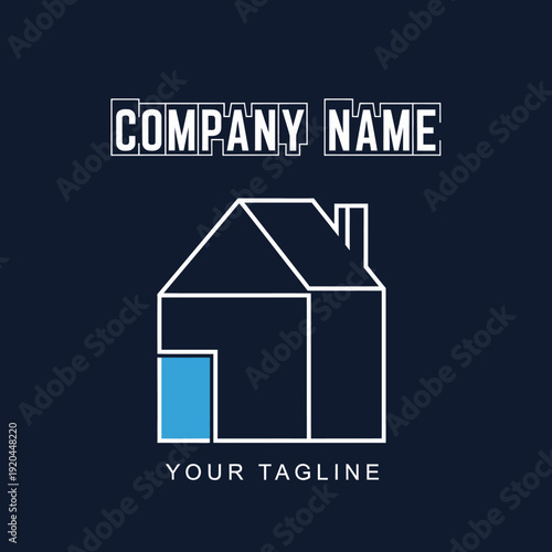 Minimalist House Outline Logo with Blue Door on Dark Background.