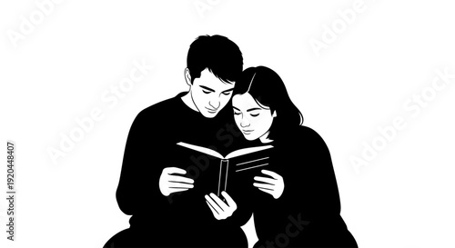 Couple reading together intimately, illustration from 2006, serene ambiance