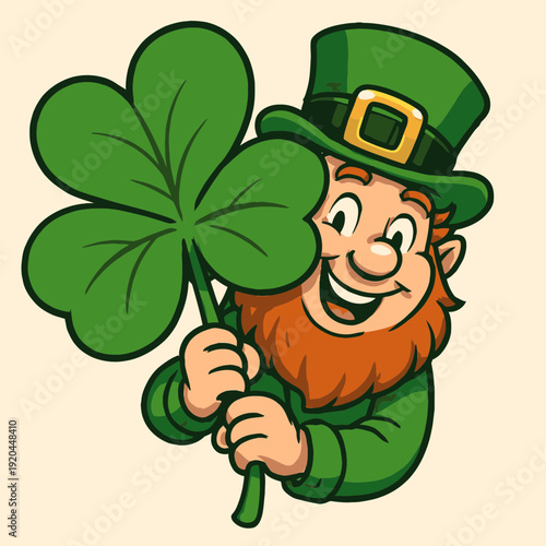 Funny leprechaun hiding behind a large clover leaf, peeking out with grin, vector cartoon scene