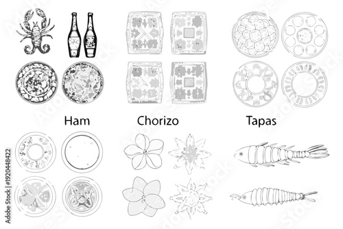 Illustrative collection of spanish food flowers and sea creatures