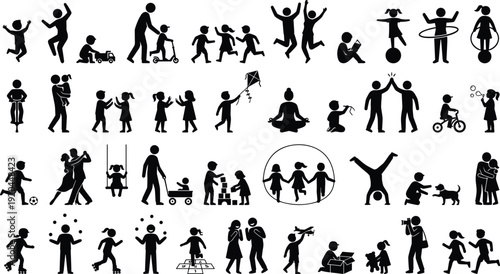 Active family stick figure silhouette set, children playing, kids jumping, sports, parenting, jumping, dancing, running, juggling, skipping, outdoor fun icons, social activities