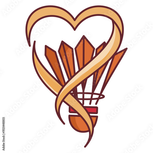 Badminton shuttlecock icon with gold heart ribbon for sports love