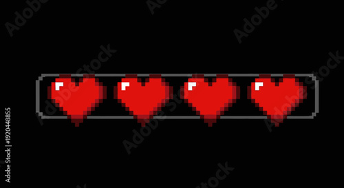 Pixelated Video Game Health Bar with Four Red Hearts on Solid Black Background