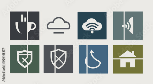 Cloud Computing and Cyber Security Icon Collection with Shield, Cloud Storage, Wireless Connection and Data Protection Symbols in Clean Flat Vector Style for Technology Platforms and SaaS Applications