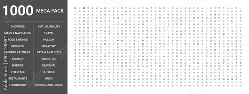 Big set of 1000 thin line web icons such as Shopping, Music, Technology, Business, Food & drinks, Education, Sports & fitness, Travel, Holiday, Interface, Maps & navigation, Data & analytics
