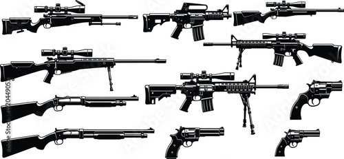Assault rifle silhouette set, sniper rifle with scope, shotgun, revolver pistol, tactical firearms collection, weapon icons, military gear, hunting, armament