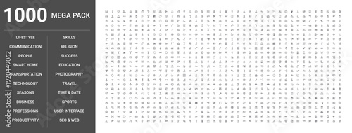 Big set of 1000 thin line web icons such as Travel, Transportation, Technology, Business, Sports, People, User interface, Time & date, Professions, Seo & web, Productivity, Smart home, Photography